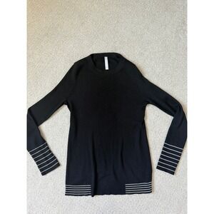 Athleta Womens Large Black Wool Blend Ribbed Sweater Striped Crewneck Thermal